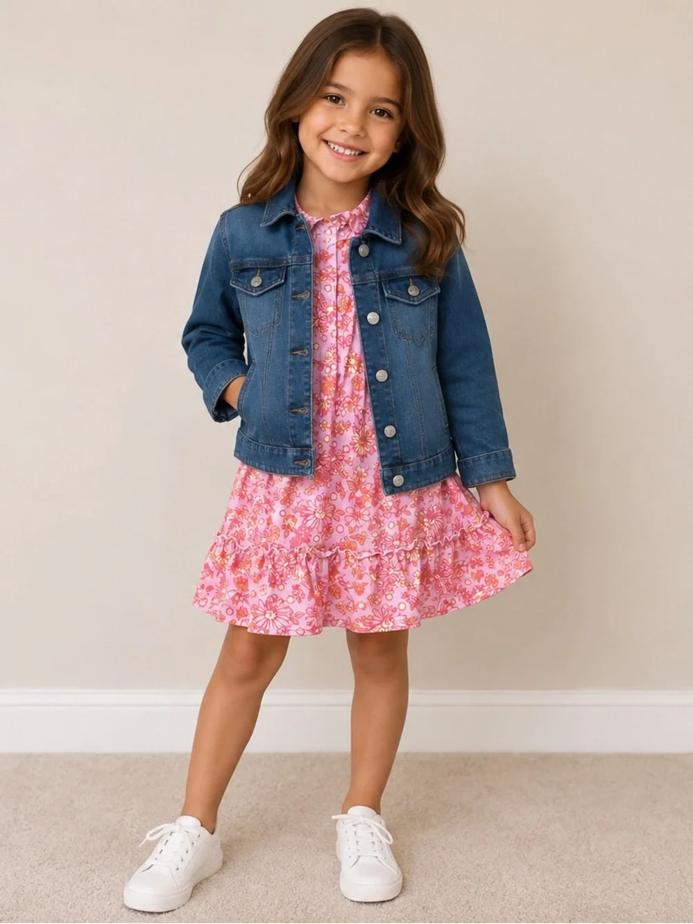 BCBG Girls Set Dark Blue Denim Jacket with Pink Floral Dress XS 5/6